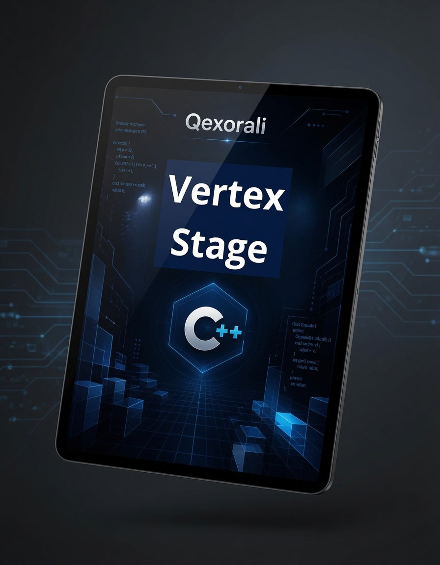 A tablet device shown at an angle with a dark blue and black screen displaying the text 'Qexorali Vertex Stage' and a large 'C++' logo, set against a dark abstract background with circuit-like lines.