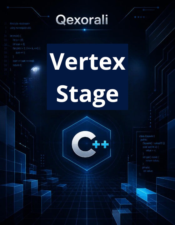 Digital cover graphic for 'Qexorali Vertex Stage C++', featuring a dark blue and black futuristic tech background with circuit board lines, glowing blue geometric blocks, and white text.