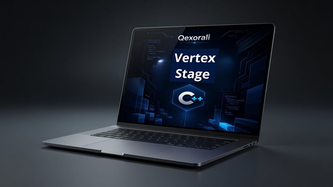 A silver laptop shown open on a dark studio background, with the screen displaying the text 'Qexorali Vertex Stage' and a blue tech-style graphic.