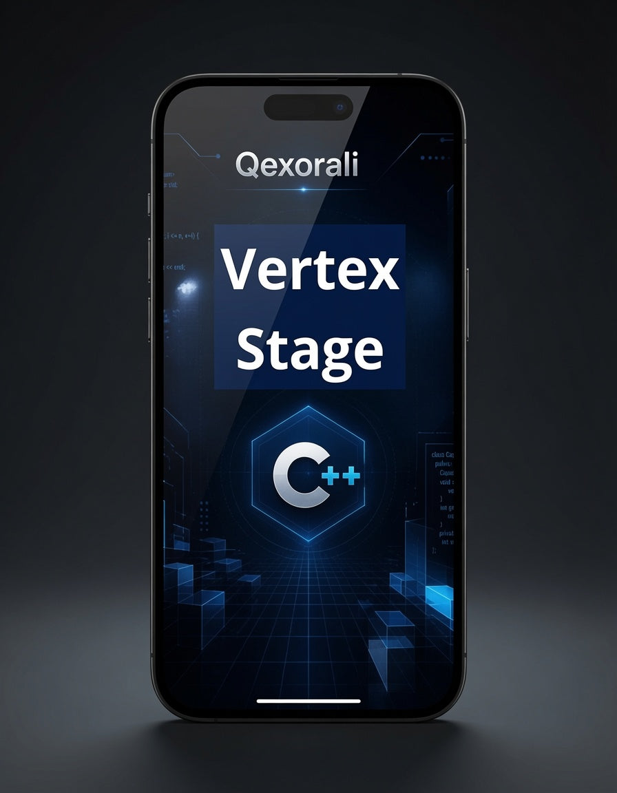 A smartphone centered on a dark studio background, displaying the Qexorali Vertex Stage app interface with blue and white graphics and a C++ logo on the screen.